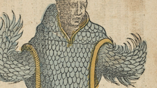 A printed illustration of a man with bird-like arms.