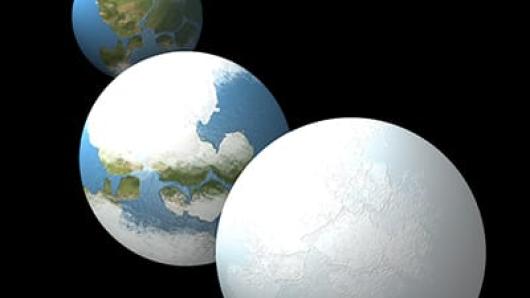 Earth progressing from green and blue to all white in a series of four globes