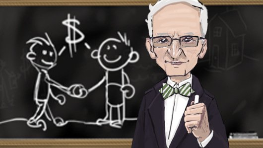 Cartoon professor standing in front of a whiteboard, chalk in hand, people figures and dollar sign on board in chalk.